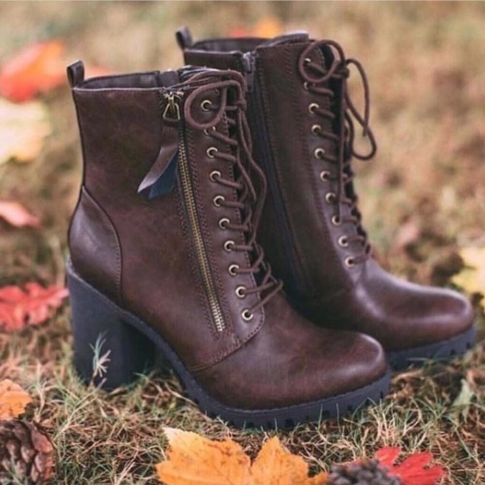 Soda Brown Vegan Leather Moto Lace up Zipper booties - Picture 3 of 3